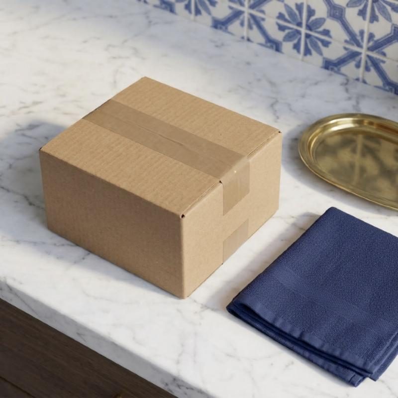Caixa de cartão castanha sem marcas, fechada com fita, sobre mármore junto a uma toalha azul